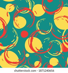 Seamless vector pattern with colour blobs on teal green background. Simple artistic wallpaper design with stains. Pop art fashion textile texture.