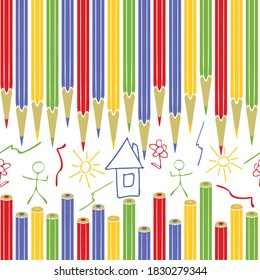 Seamless vector pattern with colour pencils on white background. Simple kids art wallpaper design. preschool fashion textile.