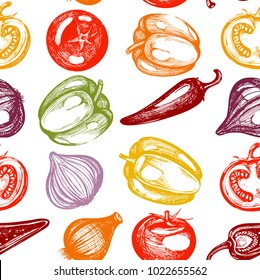 Seamless vector pattern with colour sketch vegetables: red tomato, green and yellow peppers, onion and chilli