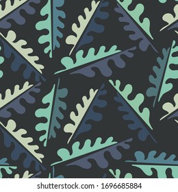 Seamless vector pattern colourful abstract cut shapes of tropical leaves mosaic ornament in pastel blue colours. Can be used for printing on paper, stickers, badges, bijouterie, cards, textiles. 