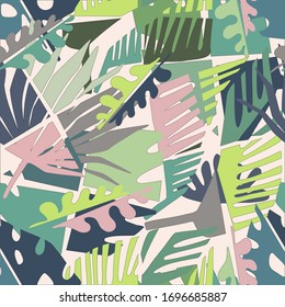 Seamless vector pattern colourful abstract cut shapes of tropical leaves mosaic ornament in pastel blue colours. Can be used for printing on paper, stickers, badges, bijouterie, cards, textiles. 