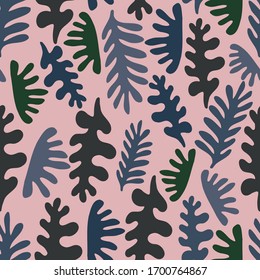 Seamless vector pattern colourful abstract cut shapes of tropical leaves mosaic ornament in blue colours. Can be used for printing on paper, stickers, badges, bijouterie, cards, textiles. 