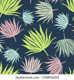 Seamless vector pattern colourful abstract cut shapes of tropical leaves ornament on a dark blue background. Can be used for printing on paper, stickers, badges, bijouterie, cards, textiles. 