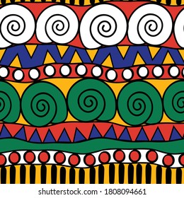 Seamless vector pattern colourful African tribal texture. Simple bright Aztec wallpaper design. Culture fashion textile.