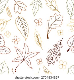 Seamless vector pattern a colourful assortment of hand-drawn autumn leaves. This fall-themed background combines warm earthy tones. Ideals for seasonal packaging, fabric print, Thanksgiving decoration