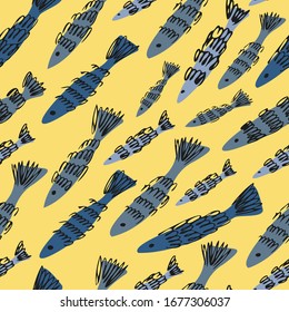 Seamless vector pattern of colourful decorative fish with lined ornament on yellow background. Perfect for printing on paper, stickers, badges, cards, textiles, menu decoration and bed sheets for kids