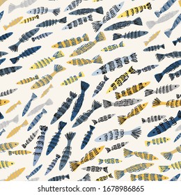 Seamless vector pattern of colourful decorative fish with lined ornament on white background. Perfect for printing on paper, stickers, badges, cards, textiles, menu decoration and bed sheets for kids