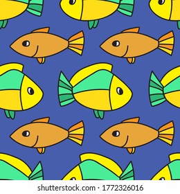 Seamless vector pattern of colourful decorative orange and green fish in lines on navy blue background. Perfect for printing on paper, stickers, badges, cards, textiles, menu decoration and bed sheets