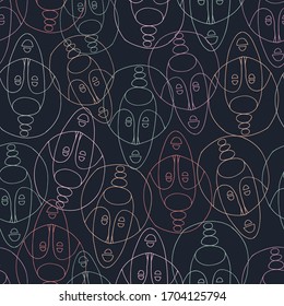 Seamless vector pattern colourful design of lined transparent ancient tribal masks on a dark background. Can be used for printing on paper, stickers, badges, bijouterie, cards, textiles. 