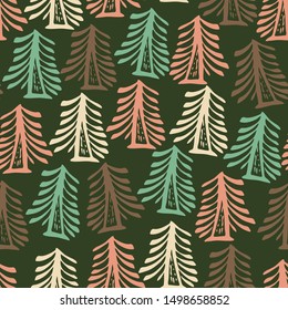 Seamless vector pattern with colourful fir trees. The design suits backgrounds, wallpapers, wrapping papers, celebration decorations.