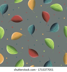 Seamless vector pattern with colourful flying leaves isolated on grey background in cartoon style for your design