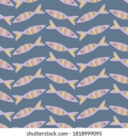 Seamless vector pattern of colourful lined ornament decorative cartoon fish on blue background. Perfect for printing on paper, stickers, badges, cards, textiles, menu decoration and bed sheets