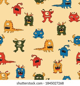 Seamless vector pattern with colourful monsters on pink background. Simple cartoon wallpaper design for children. Comic fashion textile.