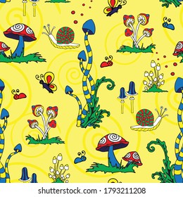 Seamless vector pattern with colourful mushrooms on yellow background. Bright magic forest wallpaper design. Fantasy landscape fashion textile.