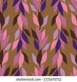 Modalidades de colores vivos de las hojas de los bosques, de forma vectorial y transparente, adornadas con mosaicos en colores marrón y rosa. Se puede utilizar para imprimir en papel, etiquetas, insignias, bijuelas, tarjetas, textiles. 