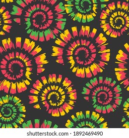 Seamless vector pattern with colourful spiral shell on grey background. Artistic tie dye wallpaper with paint swirl. Decorative fashion textile texture.