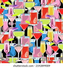 Seamless vector pattern with colourful summer cocktails in flat technique on a black background 