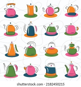 Seamless vector pattern of colourful tea pots on light grey background. Design for fabric, textile, wrapping paper and other decorations