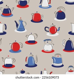 Seamless vector pattern of colourful tea pots on light beige background. Design for fabric, textile, wrapping paper and other decorations.