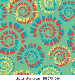 Seamless vector pattern with colourful tie dye spiral on green blue background. Artistic shell fossil wallpaper design. Decorative summer festival fashion textile.