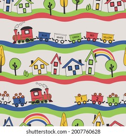 Seamless vector pattern with colourful train on cream white background. Simple happy railway wallpaper design for children. Decorative toy fashion textile.