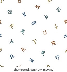 Seamless vector pattern with colourful zodiac signs on white background. 