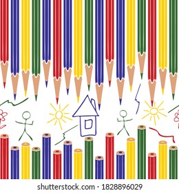 Seamless vector pattern with colouring pencils on white background. Simple kids wallpaper art. Preschool fashion textile.