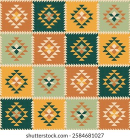 A seamless vector pattern combining classic patchwork with ancient textile geometry, rendered in a modern palette of soft yellow-green hues. Traditional motifs reimagined through contemporary design.