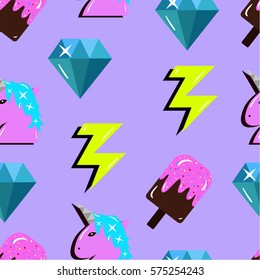 Seamless vector pattern in comic style with stickers: unicorns, diamonds, lightnings and ice creams, 90s-00s pop art style 