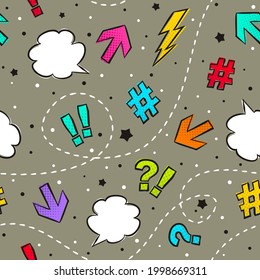 Seamless vector pattern of comics marks. Dark background with arrows, exclamation marks, question marks, speech bubbles, hashtag. Vector illustration for banner design, web design, covers and backdrop