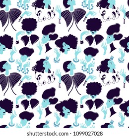 seamless vector pattern with communicating young succulent girls, in beautiful dresses and ornaments, in blue tones on a white background