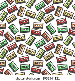 Seamless vector pattern of compact cassettes.