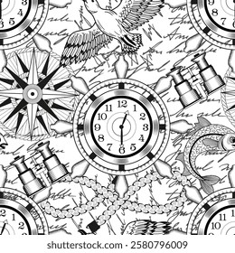 Seamless vector pattern with compass, binoculars, marine objects, navigational devices on white. Vintage transportation and old adventures concept. No foreign language, all symbols are fictional