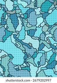 Seamless vector pattern with complex abstract blue shapes, dark outlines and halftone dot texture, ideal for fabrics, upholstery, curtains, sweatshirts