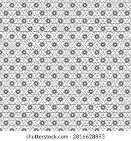 Seamless vector pattern with complex geometric grid and floral motifs for modern professional backgrounds.Repeated hexagon design with decorative flowers and lines on transparent gray grid for digital surface print.