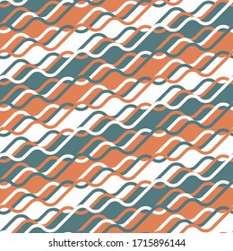 Seamless vector pattern. Complex ornament of wavy teal and orange lines with stripes of color beneath. Simple bright geometric design on white background. Creates optical illusion. Perfect for textile