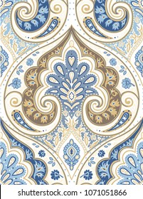 Seamless vector pattern with a complicated monogram pattern in an antique vintage style in beige-blue color