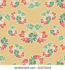 Seamless vector pattern composed of twigs and berries, bright ripe Rowan