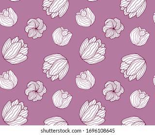 
Motif vectoriel harmonieux: composition des contours des fleurs de tulipes sur fond violet. Les florescences sont faites des contours d'une fleur et des lignes le long de celle-ci. Parfait pour le scrapbooking.