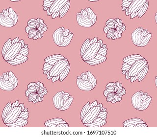 Motif vectoriel harmonieux: composition des contours des fleurs de tulipes sur fond rose clair. Les florescences sont faites des contours d'une fleur et des lignes le long de celle-ci. Parfait pour le scrapbooking.