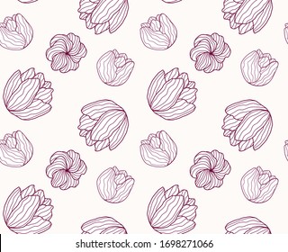 Motif vectoriel harmonieux: composition des contours des fleurs de tulipes sur fond clair. Les florescences sont faites des contours d'une fleur et des lignes le long de celle-ci. Parfait pour le scrapbooking.