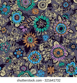 Seamless vector pattern. The composition of flowers petals plant stems. Funny cute curls and flowers. Can be used for wallpaper, pattern fills, web page background, surface textures. 