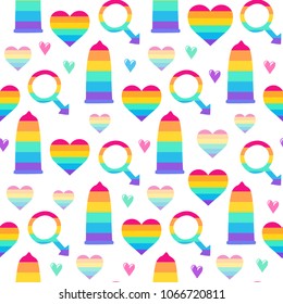 Seamless vector pattern with condoms, hearts and male symbol. Trendy stylish gay minority texture. Repeating colorful tile, artwork for print and textiles. Isolated vector illustration.