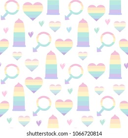 Seamless vector pattern with condoms, hearts and male symbol. Trendy stylish gay minority texture. Repeating colorful tile, artwork for print and textiles. Isolated vector illustration.