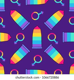 Seamless vector pattern with condoms, hearts and male symbol. Trendy stylish gay minority texture. Repeating colorful tile, artwork for print and textiles. Isolated vector illustration.