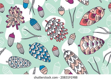 Seamless vector pattern with cones, acorns and pine needles. Hand drawn illustration for background, wallpaper, textile