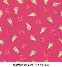 Seamless vector pattern with cones of colored ice cream on a pink, cherry background. Bright wallpaper for cafes, cooking, clothes, bouyagues