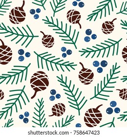 Seamless vector pattern with cones and juniper berries.