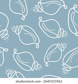 Seamless vector pattern with conical shells in contour drawing style on a blue background arranged randomly, for various summer designs