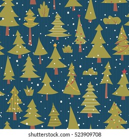 Seamless vector pattern with coniferous trees and snow on blue. Cartoon style.